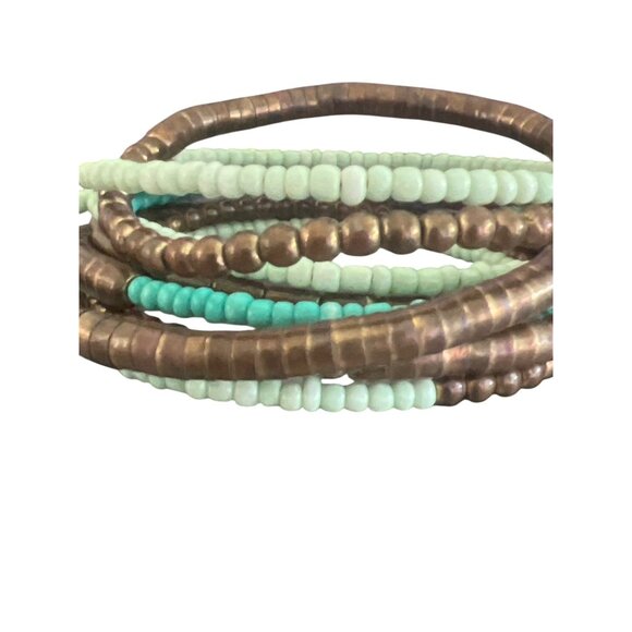 Memory Wire Cuff Bracelet Antique Brass Turquoise Color Boho Tribal Adj 7" - Picture 2 of 4